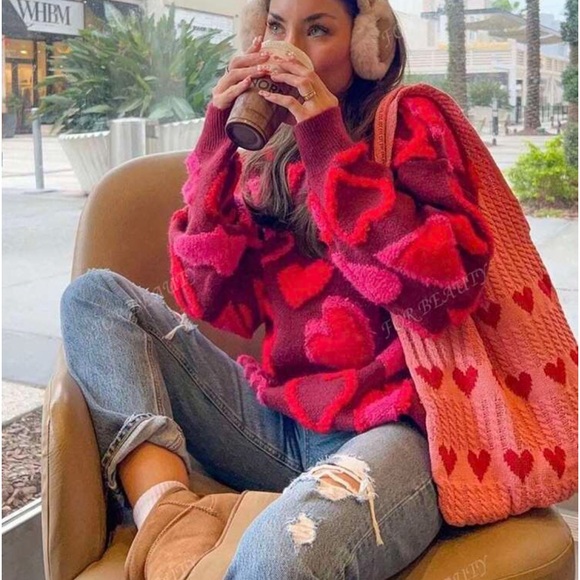 Luxe Heart Pattern Knit Sweater Top Red Pink - Picture 1 of 5